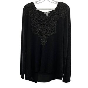 Moa Moa Women's Split Back Sweater Embroidered Neck Black/Silver Size Large New